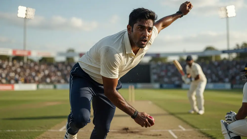 Close sideline view of a batter completing a shot under stadium lights during a short-format cricket match