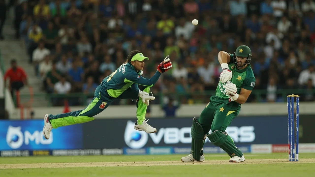 Sideline view of a women's T20I pace bowler hitting the crease at Dambulla during a match between Sri Lanka and Pakistan
